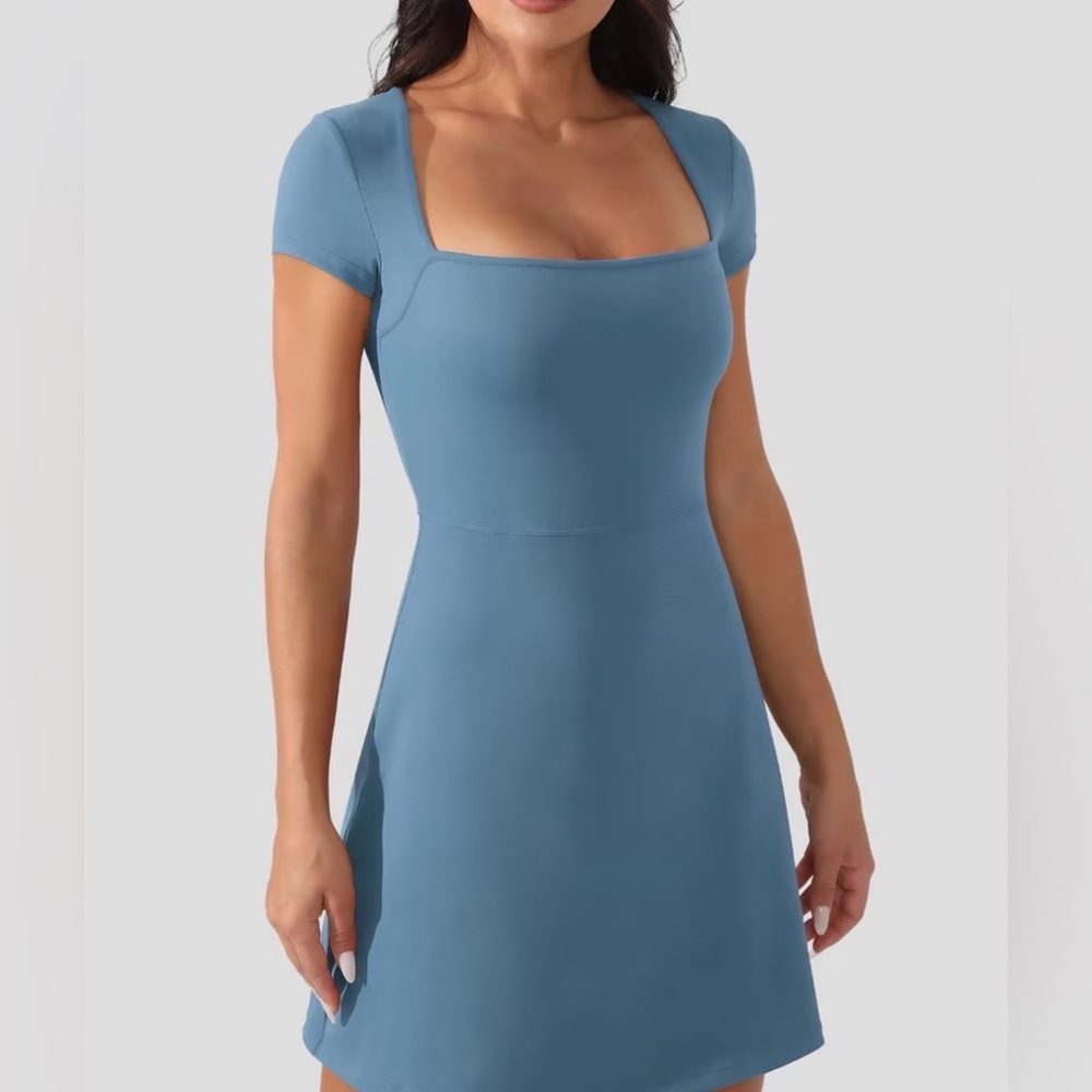 Medium Peacock Blue Women's Tennis Dress w/ pockets/ fitted/ skorts/ athletic - Picture 14 of 15